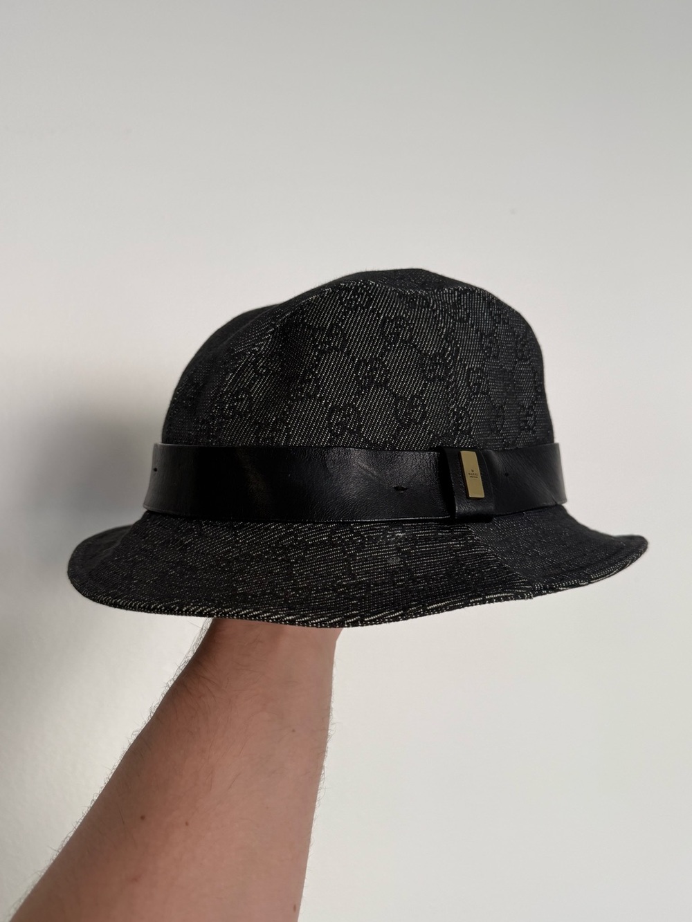 GUCCI Black Patterned Fedora Bucket Hat with Leather Band - 💯 AUTHENTIC
